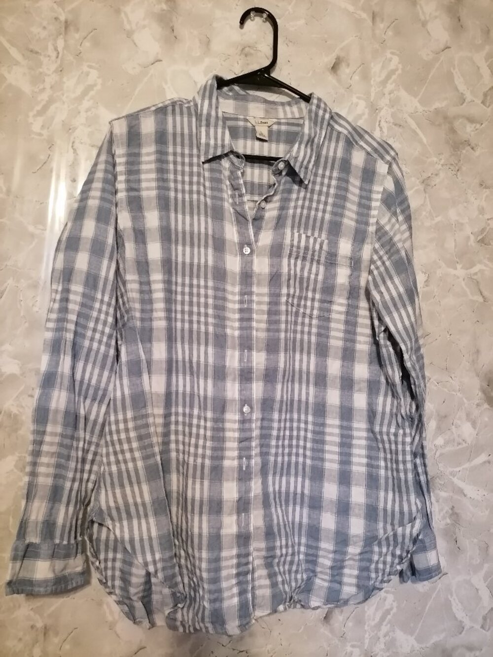 L.L. Bean Womens L Blue Gingham Plaid 100% Linen Button Down Shirt